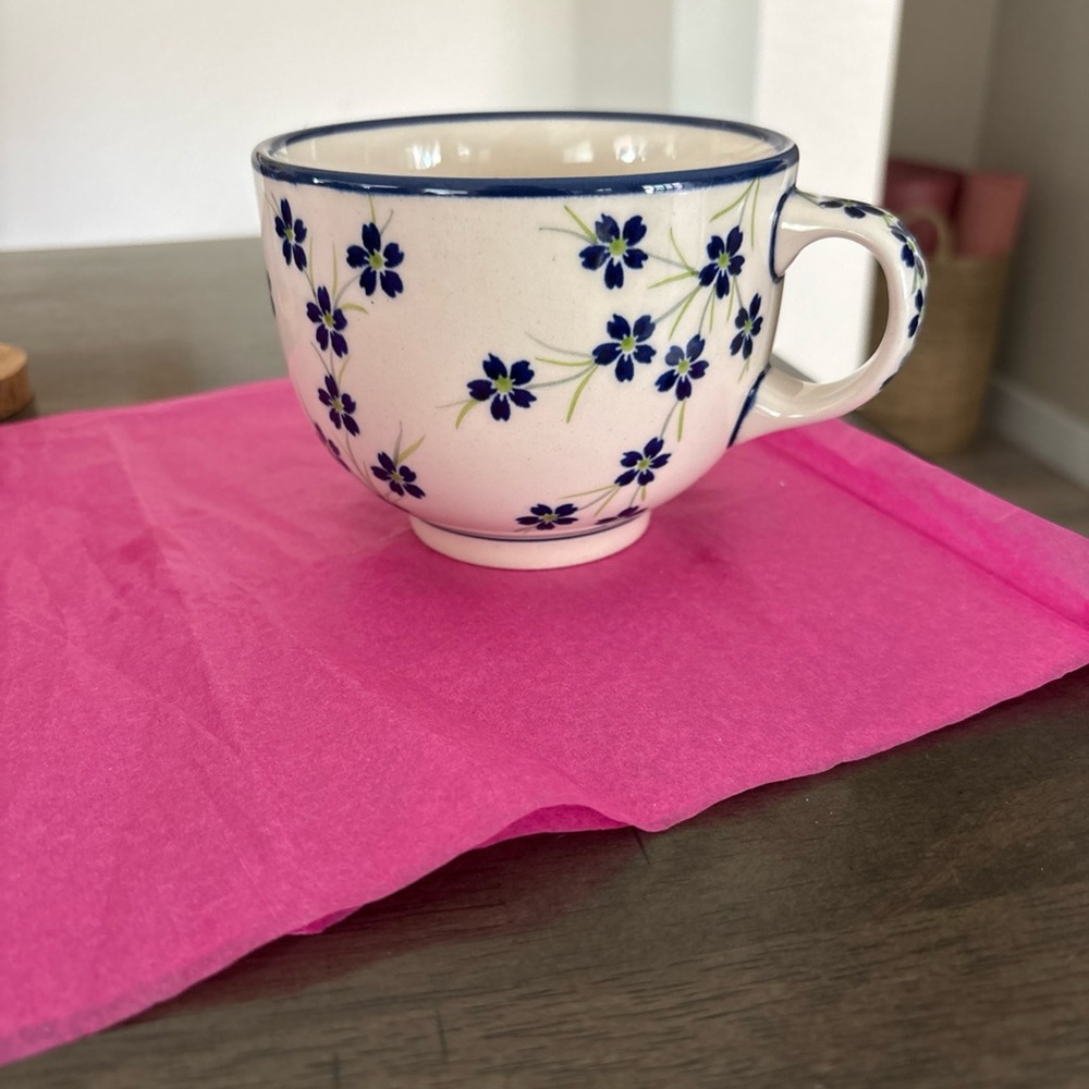 Boleslaweic Polish Pottery Large Mug Soup Latte Cup Spring Blossoms 23 oz